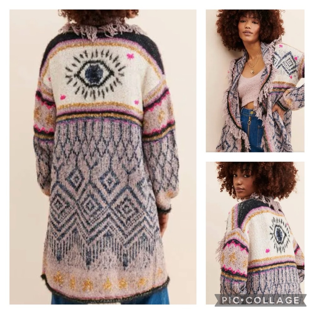 Anthropologie Pilcro Multicolor Evil Eye fringed Cardigan